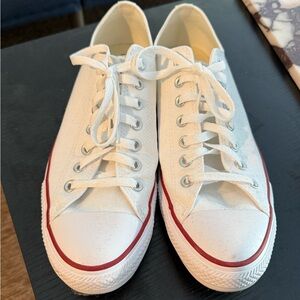 White Canvas Low-Top Sneakers with Red Midsole Stripe